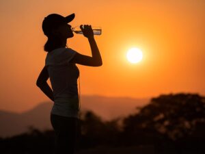 Dehydrated runner fitness woman drinking water bottle sports drink