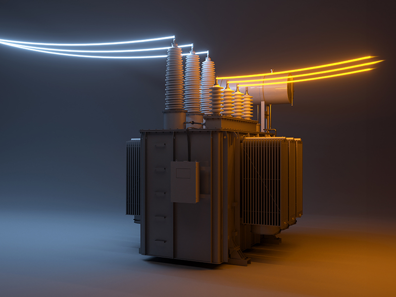Three-phase transformer glows on a dark background. Template wit